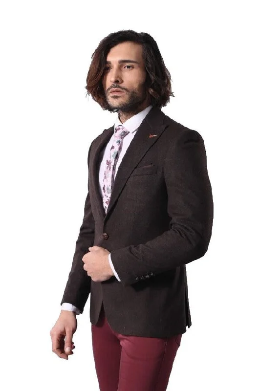 Men’s slim-fit chalk-stripe suit-Single Button Pointed Wide Collar Brown Blazer - Wessi