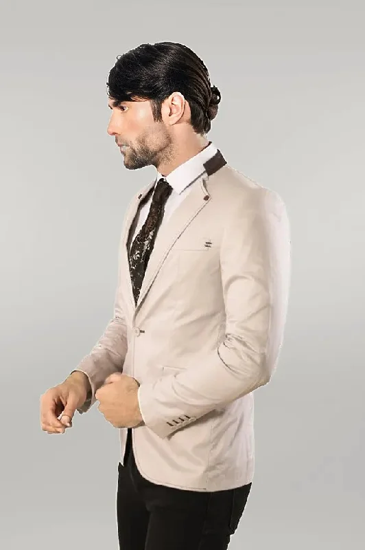 Men’s relaxed micro-pattern suit-Single Button Standing Collar Cream Men Blazer - Wessi