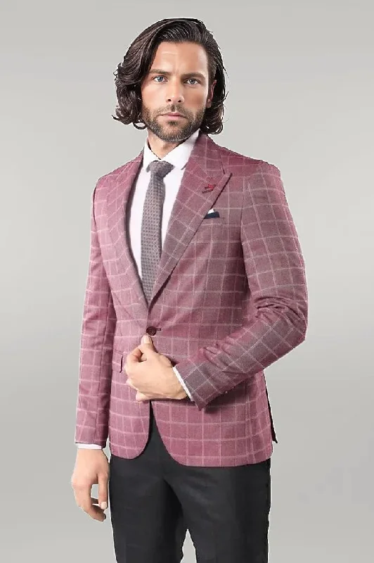 Men’s relaxed chalk-stripe suit-Single Button Wide Pointed Collar Burgundy Blazer - Wessi