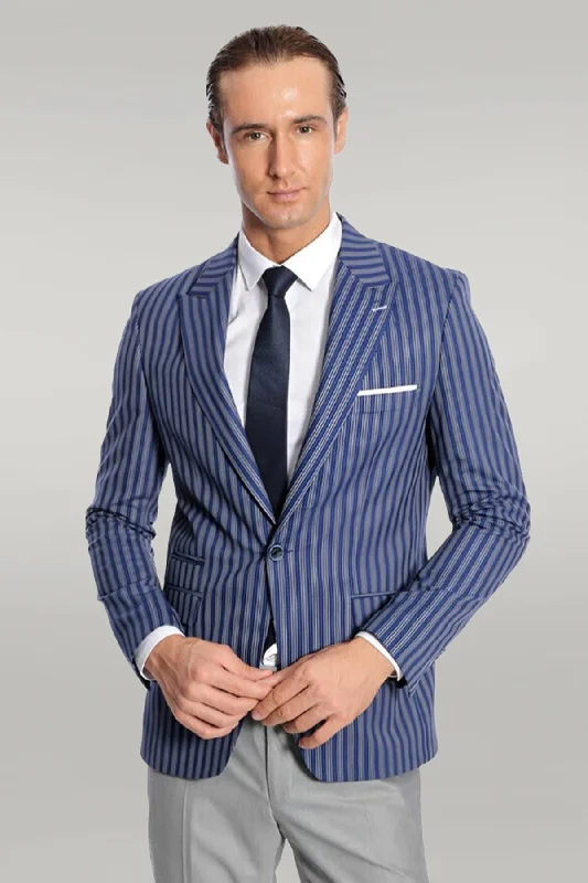 Men’s breathable seersucker suit-Striped Blue Slim-Fit Blazer - Wessi