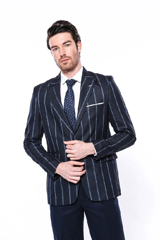 Men’s casual micro-pattern suit-Striped Dark Blue Slim-Fit Blazer - Wessi