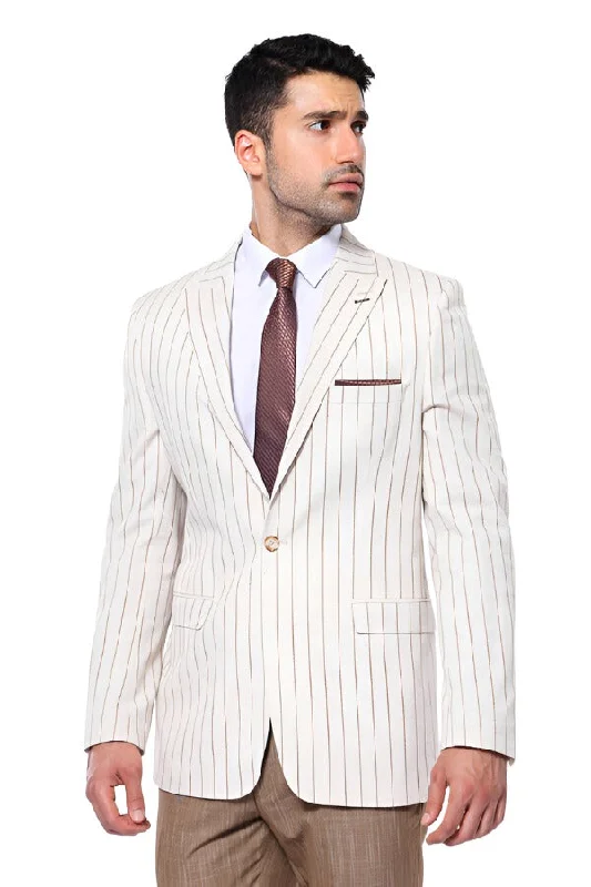 Men’s bold chalk-stripe suit-Striped Peak Lapel Beige Sport Jacket - Wessi