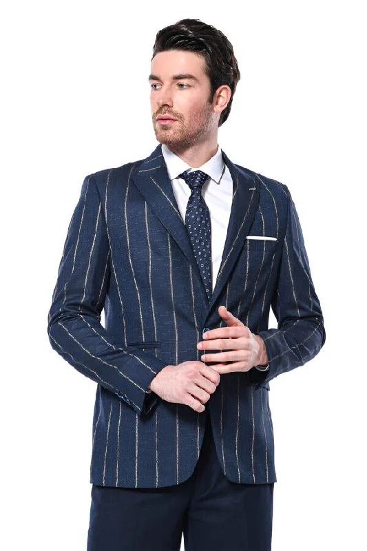 Men’s soft velvet suit-Striped Slim-Fit Navy Blue Men Blazer - Wessi