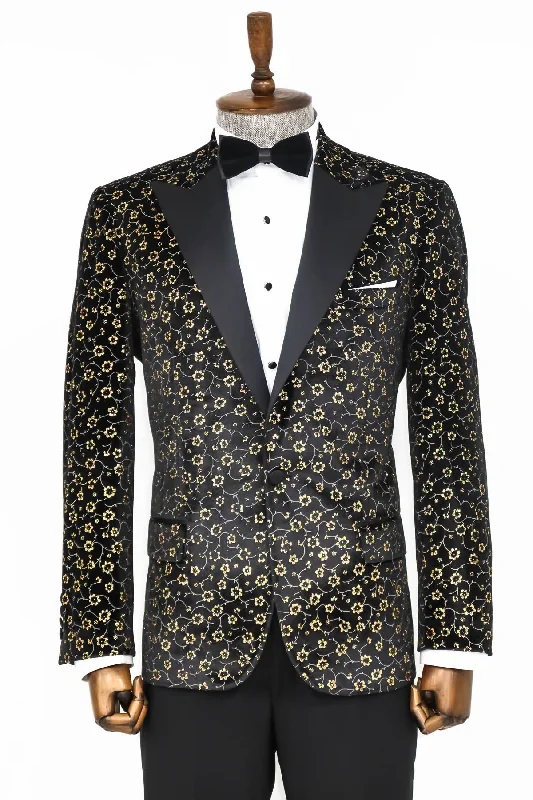 Men’s bright poplin suit-Tiny Flower Pattern Black Men Tuxedo Blazer - Wessi