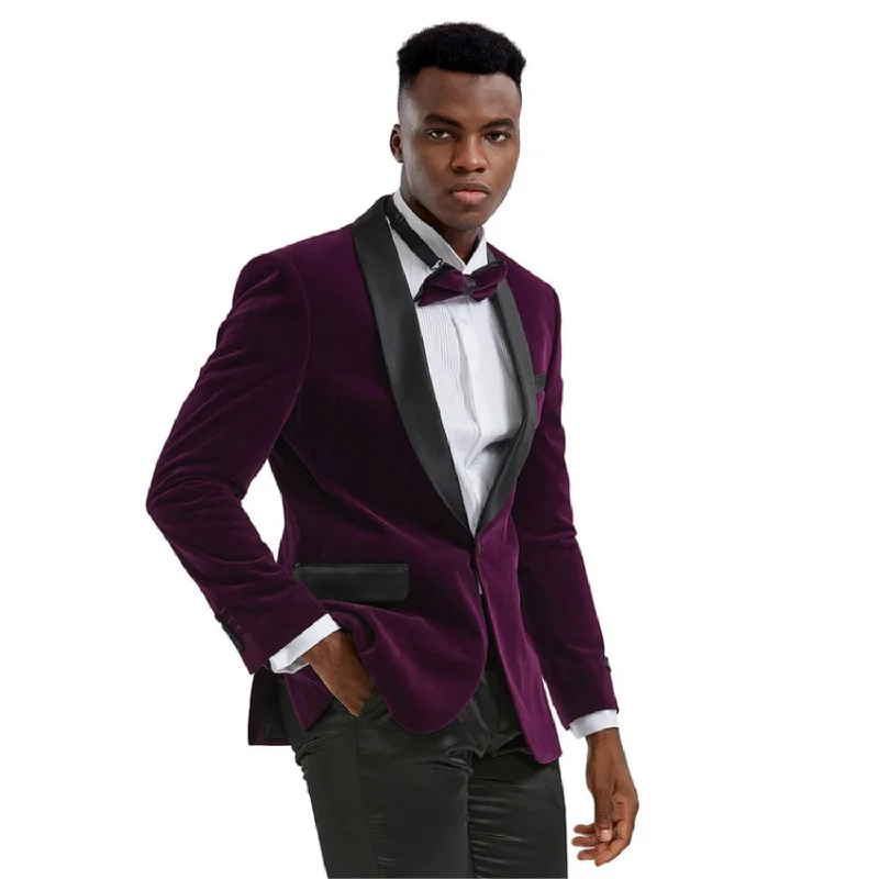 Men’s bold chambray suit-Trendy Tune Collection: Purple Solid Color Single Breasted Slim Fit Blazer