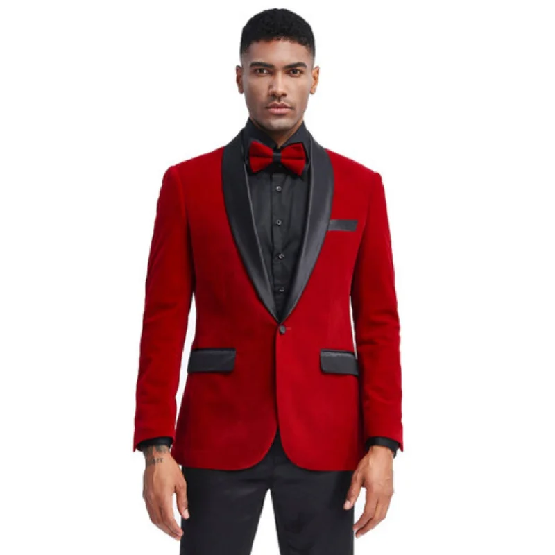 Men’s durable corduroy suit-Trendy Tune Collection: Red Solid Color Single Breasted Slim Fit Blazer