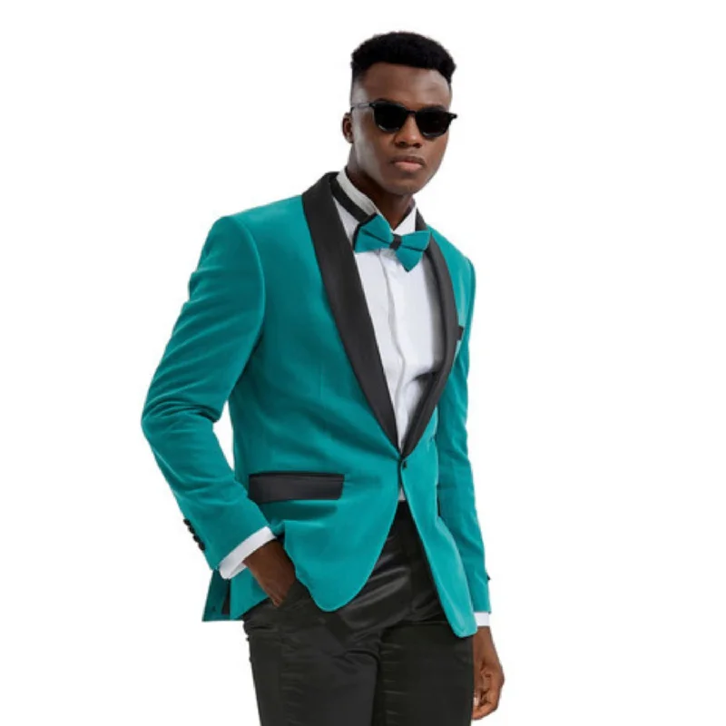 Men’s stylish chalk-stripe suit-Trendy Tune Collection: Teal Solid Color Single Breasted Slim Fit Blazer