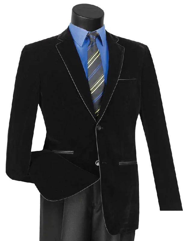 Men’s comfy twill-blend suit-Velourfy Collection: Black Velvet with Faux Leather Trim Single Breasted Slim Fit Blazer