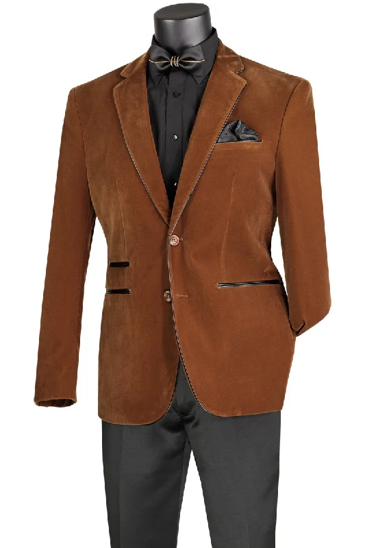 Men’s slim-fit velvet suit-Velourfy Collection: Bourbon Velvet with Faux Leather Trim Single Breasted Slim Fit Blazer