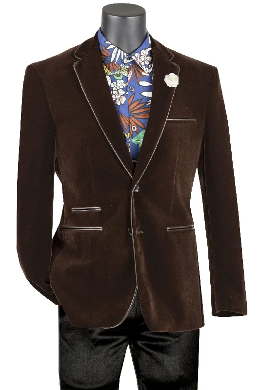 Men’s breathable velvet suit-Velourfy Collection: Brown Velvet with Faux Leather Trim Single Breasted Slim Fit Blazer