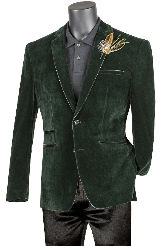 Men’s casual chambray suit-Velourfy Collection: Emerald Velvet with Faux Leather Trim Single Breasted Slim Fit Blazer