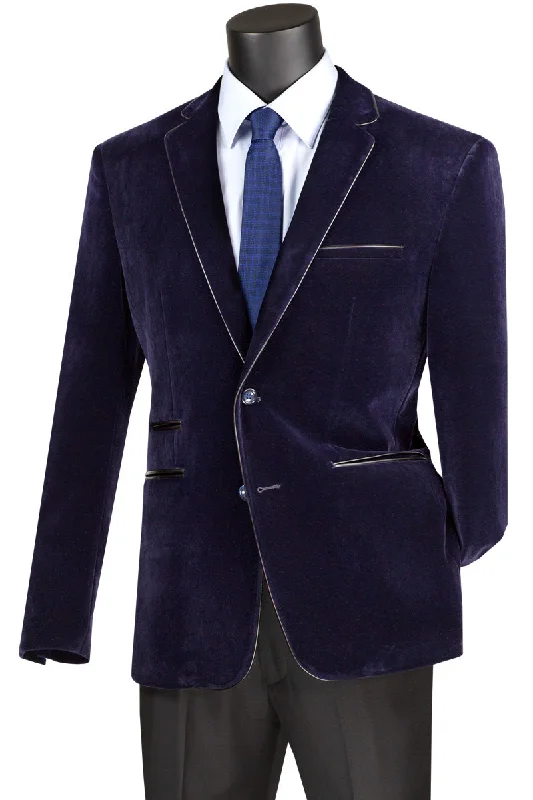 Men’s relaxed micro-pattern suit-Velourfy Collection: Navy Velvet with Faux Leather Trim Single Breasted Slim Fit Blazer