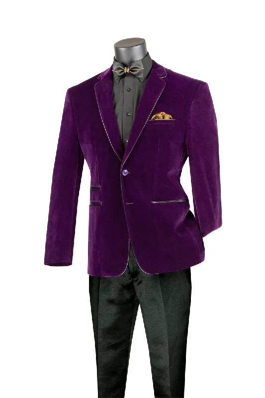 Men’s soft twill-blend suit-Velourfy Collection: Purple Velvet with Faux Leather Trim Single Breasted Slim Fit Blazer