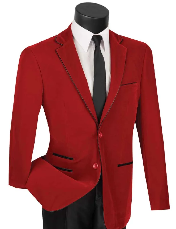 Men’s relaxed three-button suit-Velourfy Collection: Red Velvet with Faux Leather Trim Single Breasted Slim Fit Blazer