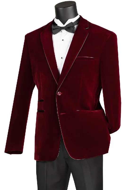 Men’s bold windowpane suit-Velourfy Collection: Wine Velvet with Faux Leather Trim Single Breasted Slim Fit Blazer