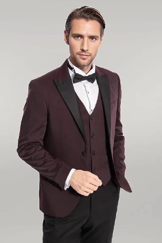 Men’s modern windowpane suit-Vested Burgundy Tuxedo | Wessi