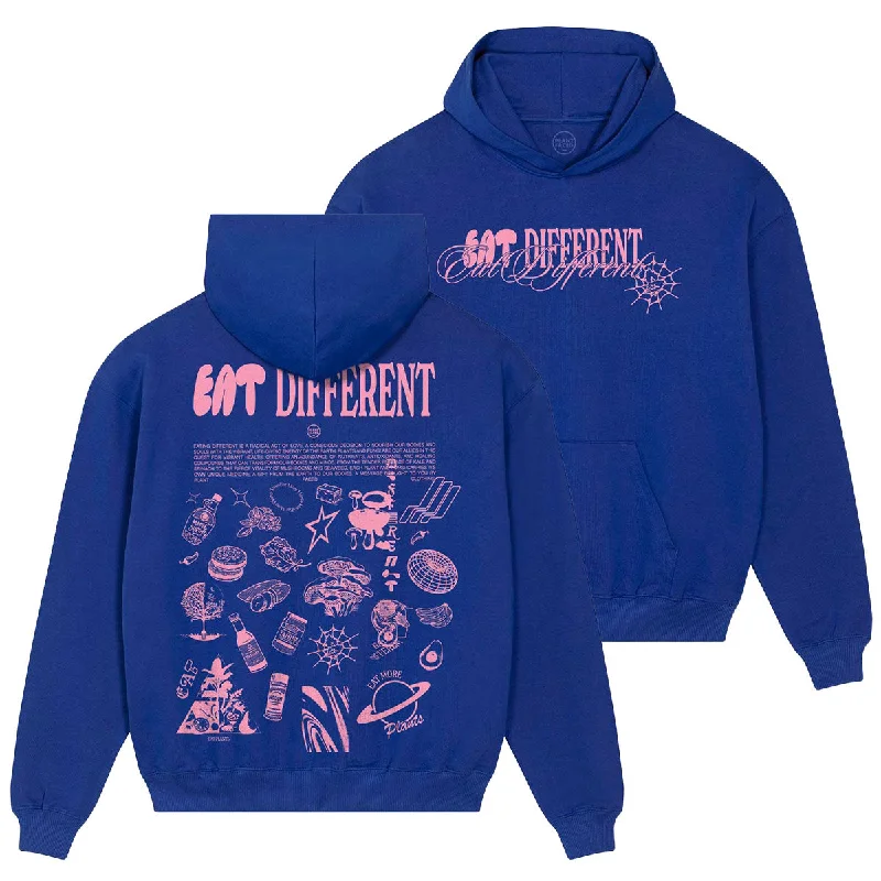 Men’s comfy split hoodie-Eat Different Deluxe Organic Box Hoodie - Pink on Cobalt Blue