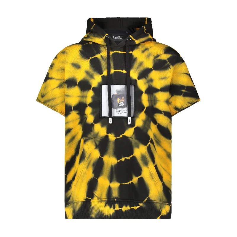 Men’s breathable tonal hoodie-SHORT SLEEVE TV HOODIE BLACK/ORANGE CIRCLE TIE DYE