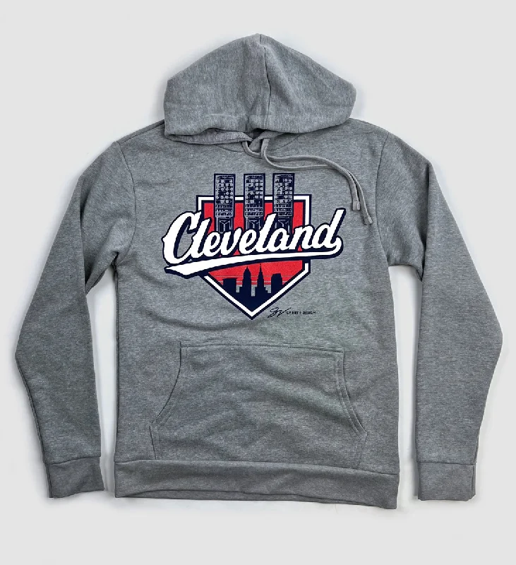 Men’s comfy acid-wash sweatshirt-Cleveland Baseball Script Lights Hooded Sweatshirt