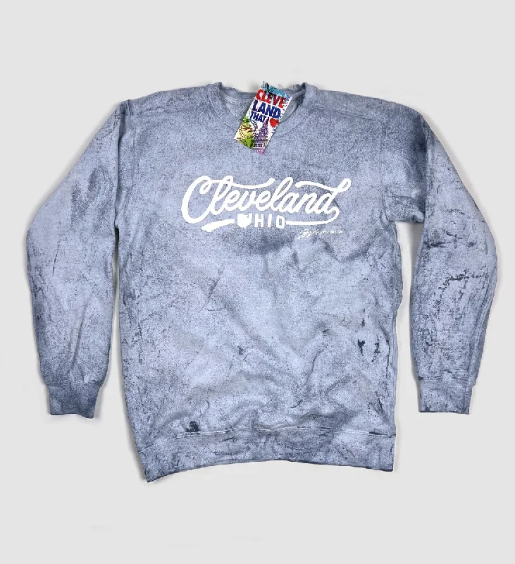 Men’s breathable acid-wash hoodie-Cleveland Script Ocean Crew Neck Sweatshirt