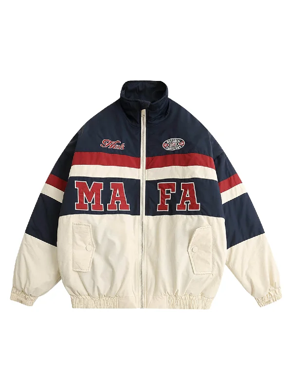 Men’s durable barn coat-Thesupermade Retro Letter Embroidery Color-Blocked Cotton Jacket - 1557