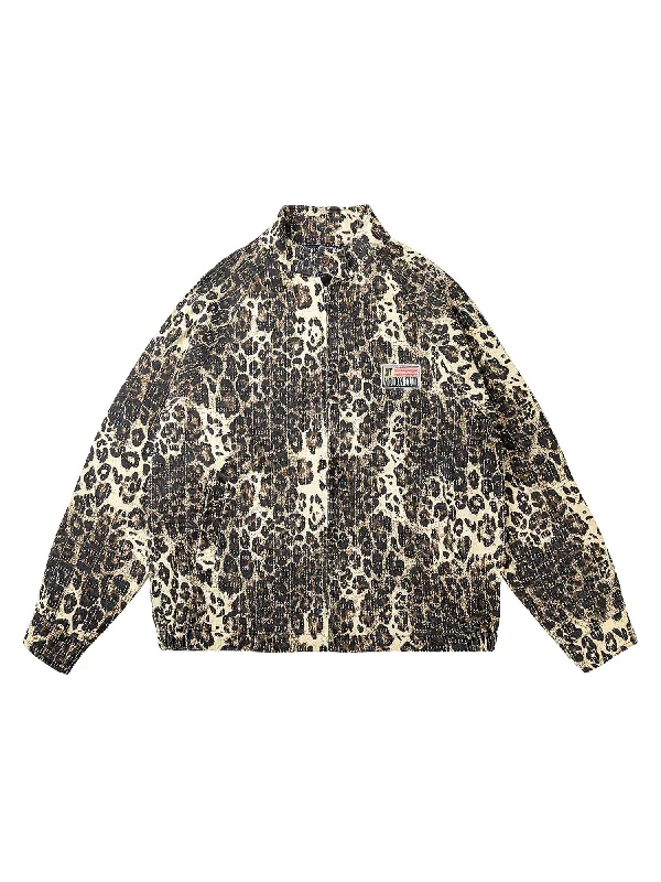 Men’s soft barn coat-Thesupermade Retro Leopard Printed Denim Jacket