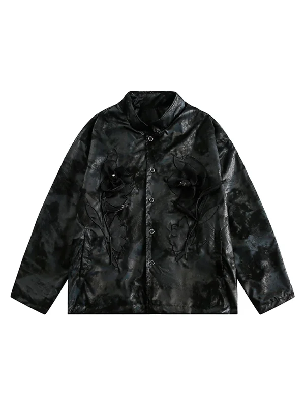 Men’s bold softshell jacket-Thesupermade  Floral Stand Collar Leather Jacket