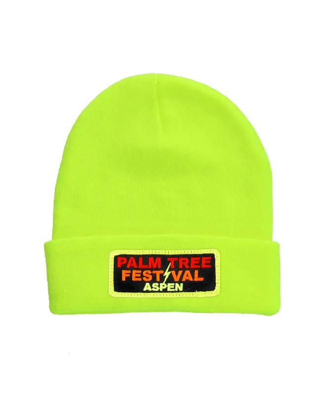 Men’s trendy raglan top-PALM TREE FESTIVAL ASPEN 2024 BEANIE - NEON YELLOW