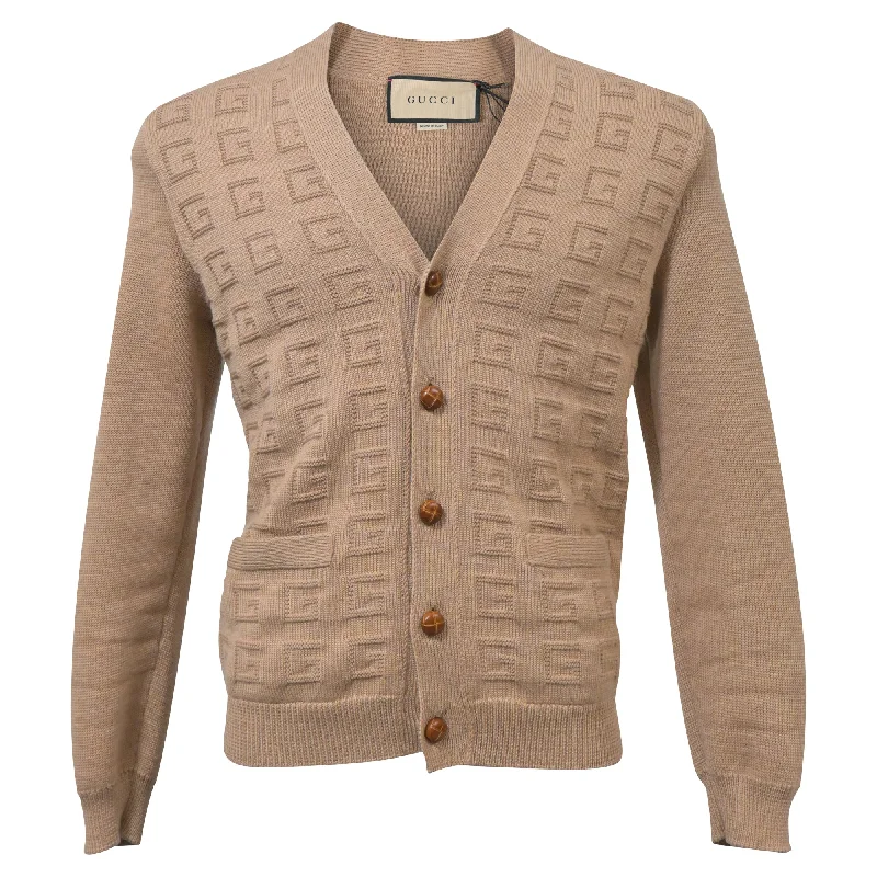 Gucci V-Neck GG Pattern Cardigan in Brown Wool