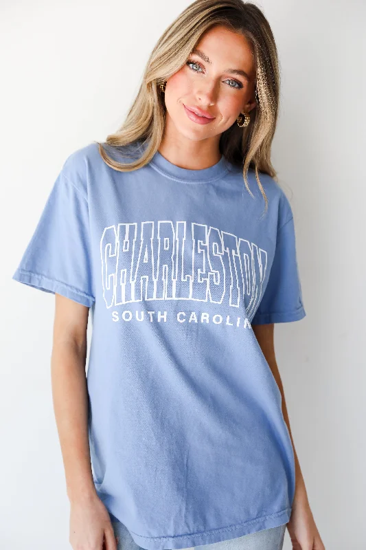 Men’s bright pique tee-Light Blue Charleston South Carolina Block Letter Tee