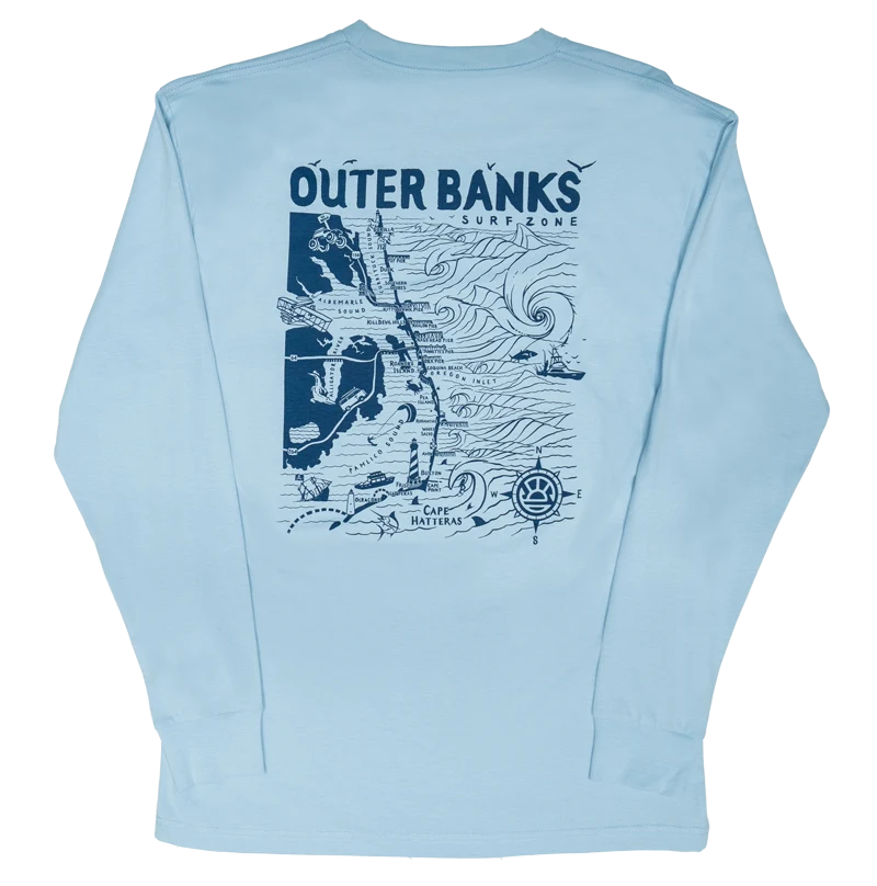 Men’s breathable modal tee-REAL Outer Banks Map L/S Tee-Light Blue