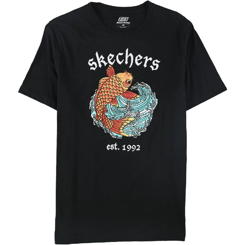 Men’s relaxed henley short-sleeve shirt-Skechers Mens Koi Wave Graphic T-Shirt, Black, Small