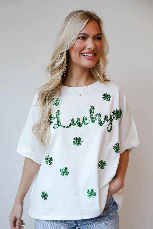 Men’s breathable pique short-sleeve shirt-FINAL SALE - White Sequin "Lucky" Four Leaf Clover Tee