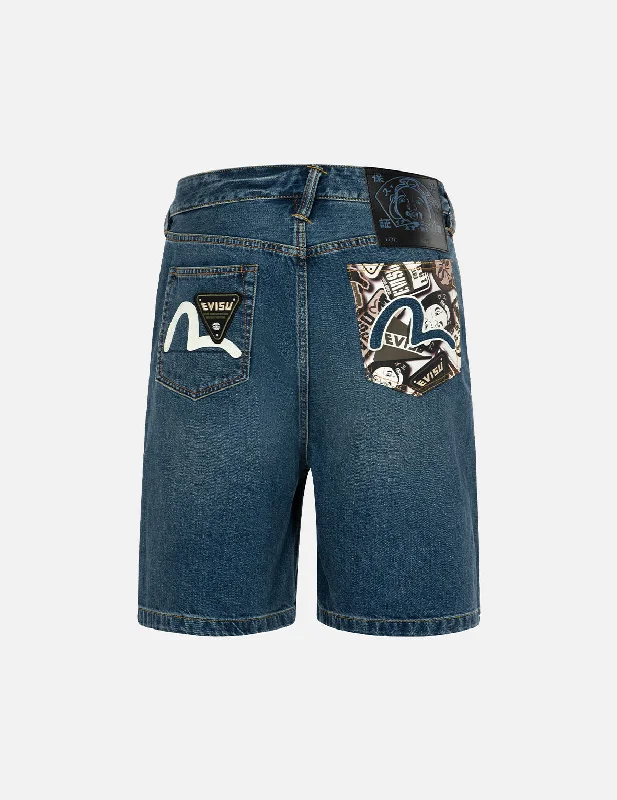 Men’s modern poplin jeans-Allover Godhead Print and Seagull Embroidery Relax Fit Denim Shorts