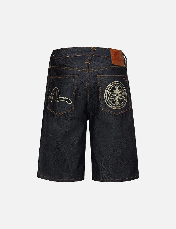 Men’s casual moleskin pants-Brocade Seagull and Kamon Appliqué Denim Shorts