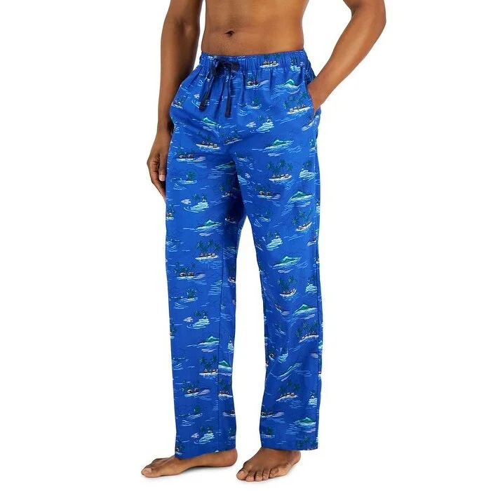 Men’s comfy carpenter trousers-Club Room Men's Tropical Hut Printed Cotton Pajama Pants Blue Size Small