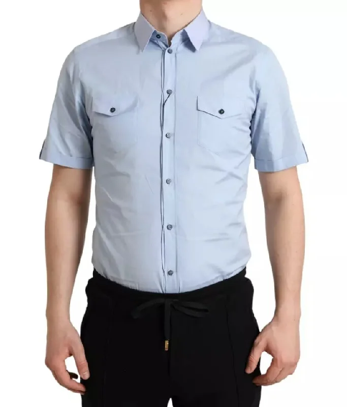 Men’s modern sateen shirt-Dolce & Gabbana blue Cotton Short Sleeves Casual  Men's Shirt (Pre-Owned)