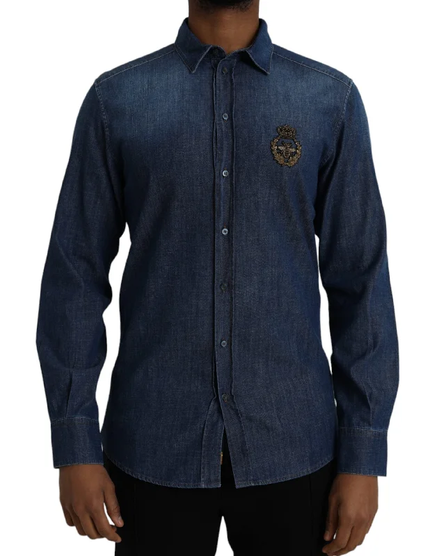 Men’s trendy microcheck shirt-Dolce & Gabbana  Crown Bee Cotton   Men's Shirt