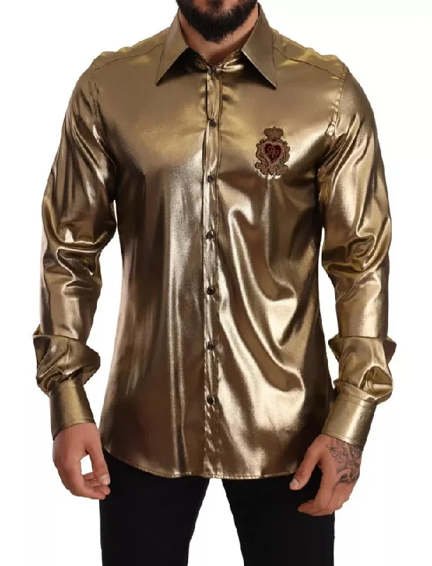 Men’s comfy chamois shirt-Dolce & Gabbana Metallic  DG Embroide Crown Silk Top Men's Shirt (Pre-Owned)