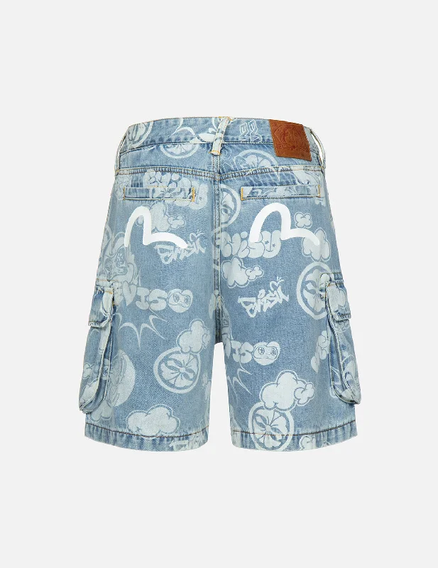 Men’s soft carpenter pants-Graffiti Daruma and Kamon Discharged Print Denim Cargo Shorts