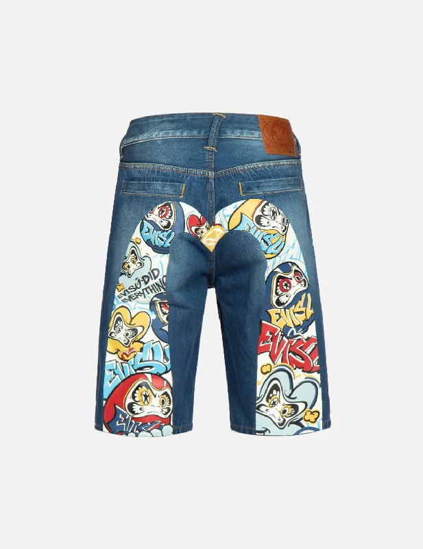 Men’s stylish tailored pants-Graffiti Daruma Daicock Print Denim Shorts