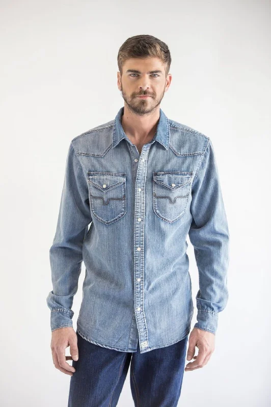 Men’s vintage camp shirt-Kimes Ranch Mens Grimes Denim Dress Indigo Cotton Blend L/S Shirt