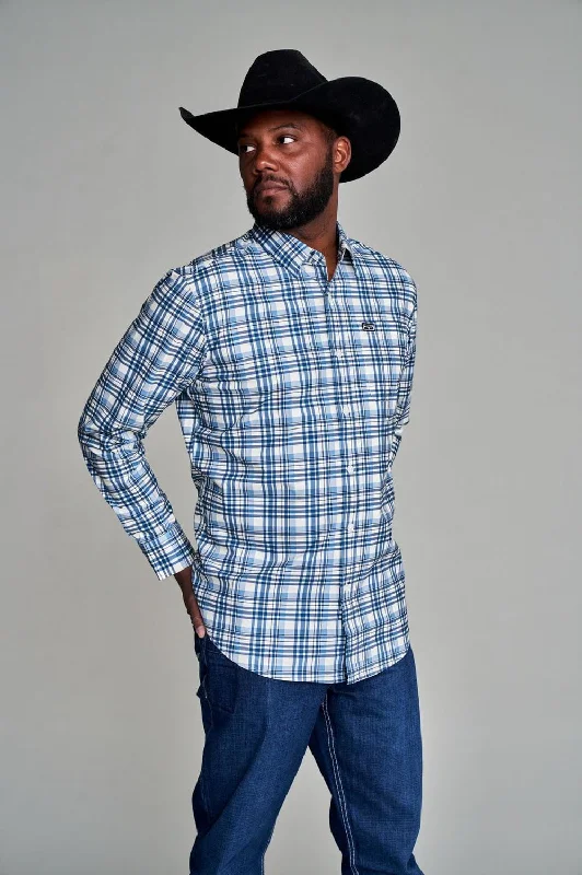 Men’s breathable voile shirt-Kimes Ranch Mens Manzano Plaid Dress Blue Cotton Blend L/S Shirt