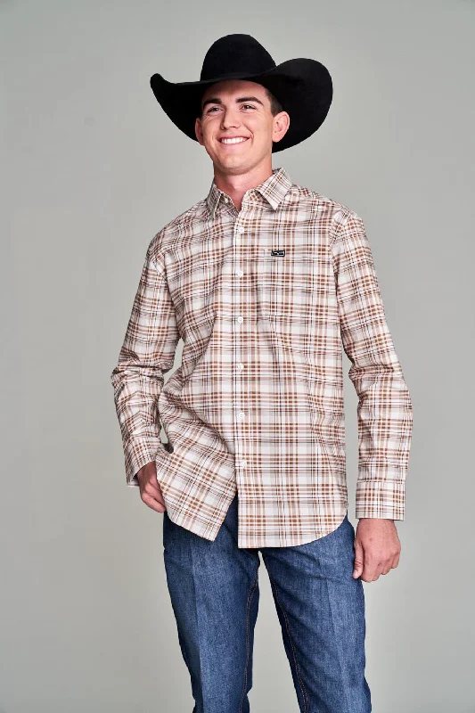 Men’s slim-fit madras shirt-Kimes Ranch Mens Manzano Plaid Dress Sand Cotton Blend L/S Shirt