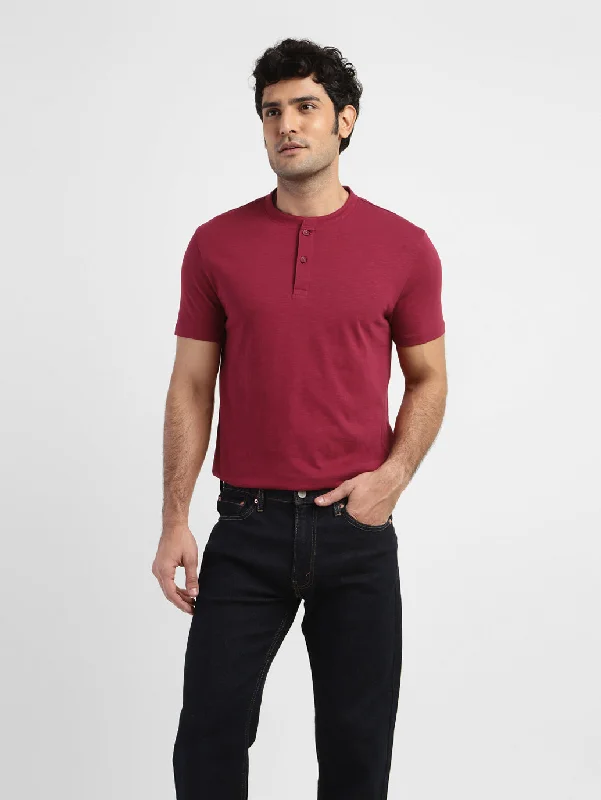 Men’s slim henley short-sleeve tee-Men's Self Design Henley T-shirt Red