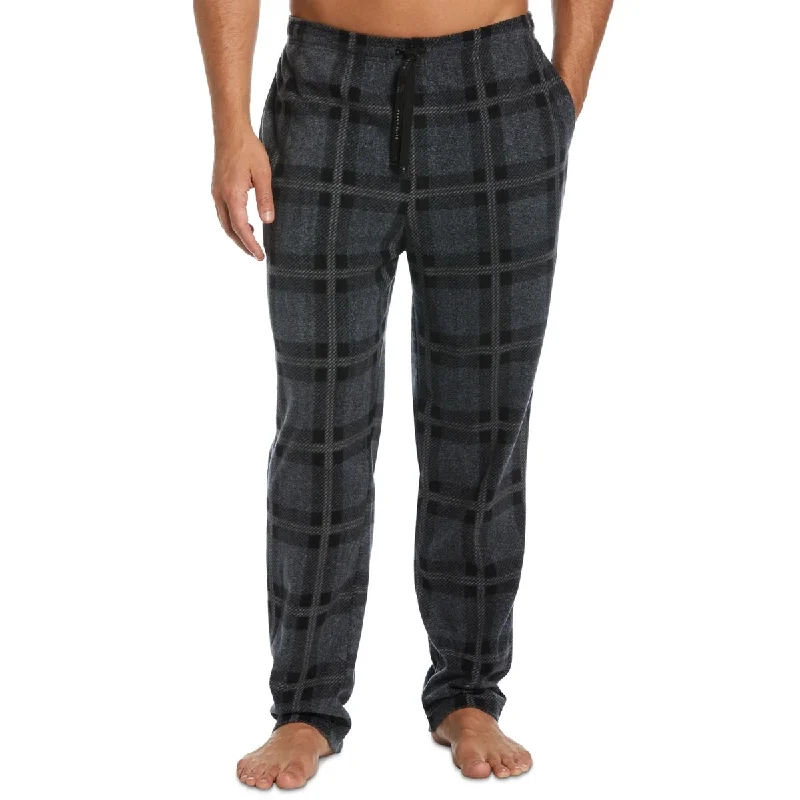 Men’s bold pinstripe trousers-Perry Ellis Portfolio Men's Windowpane Plaid Textured Fleece Pajama Pants Black Size Small