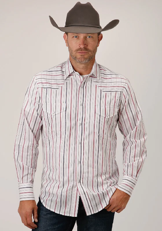 Men’s durable jacquard shirt-Roper Mens 80/20 Stripes White/Grey 80% Polyester/20% Cotton L/S Shirt