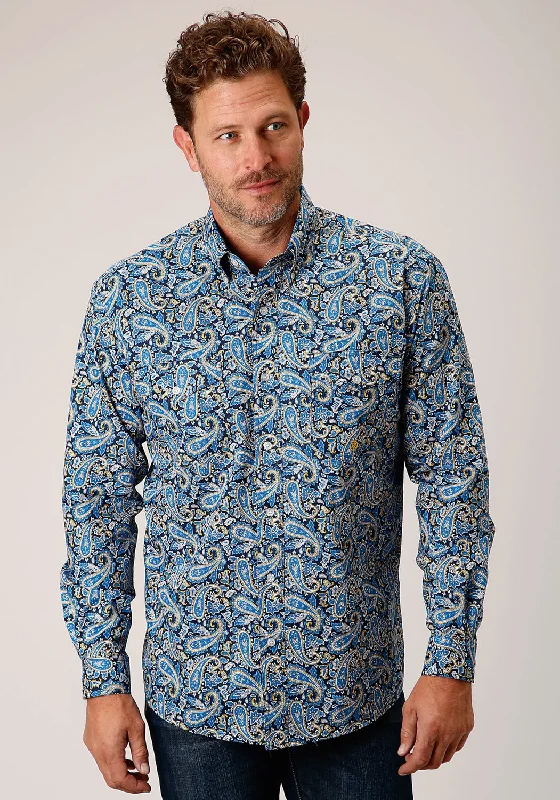 Men’s bright camp shirt-Roper Mens Amarillo Paisley Blue 100% Cotton L/S Shirt