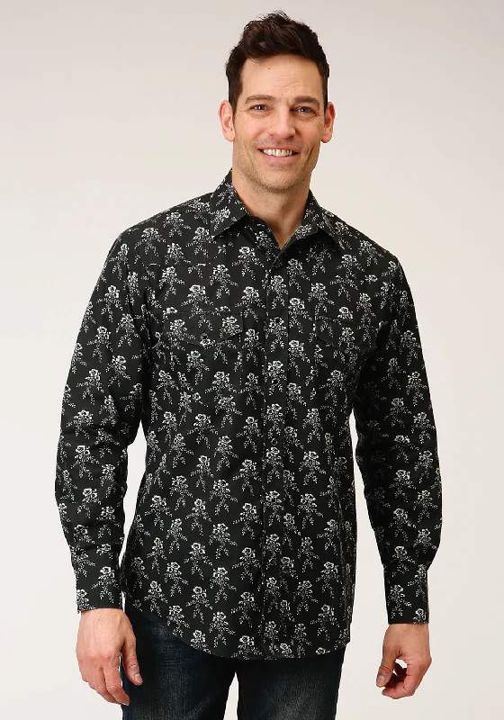 Men’s bold tattersall shirt-Roper Mens Black/Cream Cotton Blend Floral L/S Shirt