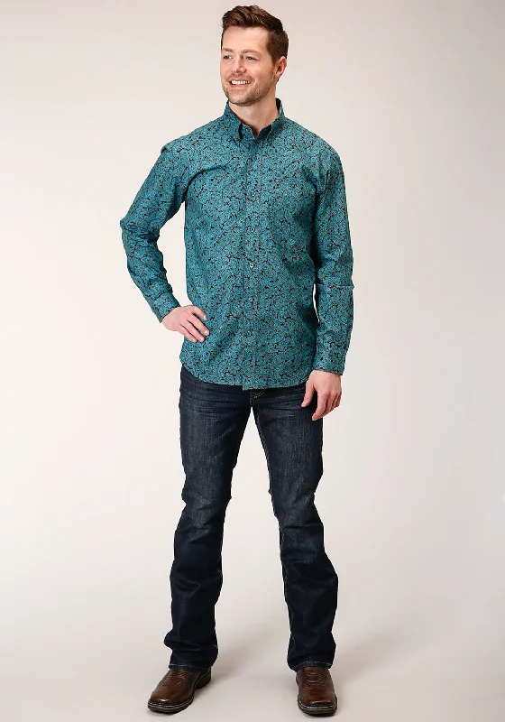 Men’s casual camp shirt-Roper Mens Blue 100% Cotton Agave Paisley BD L/S 1 Pkt Shirt